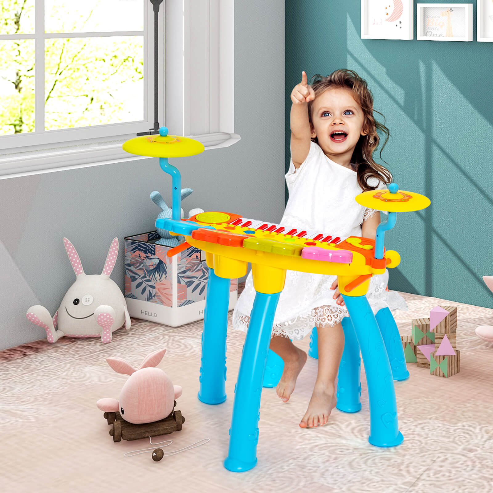 24 Keys Piano Keyboard Drum Set with Stool and Microphone for Kids-Blue